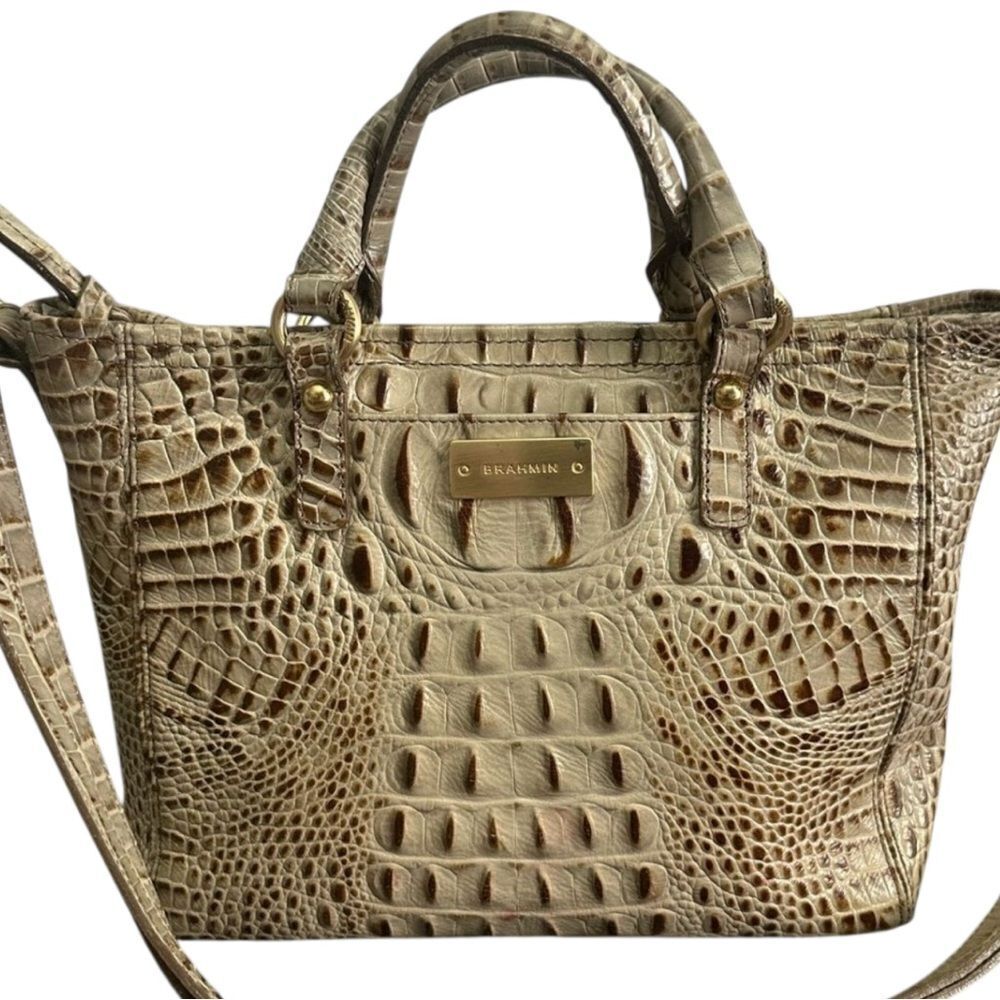 Brahmin mini Arno Tote| Tan Crocodile Embossed Leather Satchel
